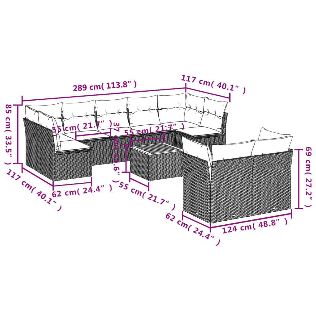 10-dijelni set vrtnih sofa s jastucima bež od poliratana 62 x 62 x 69 cm