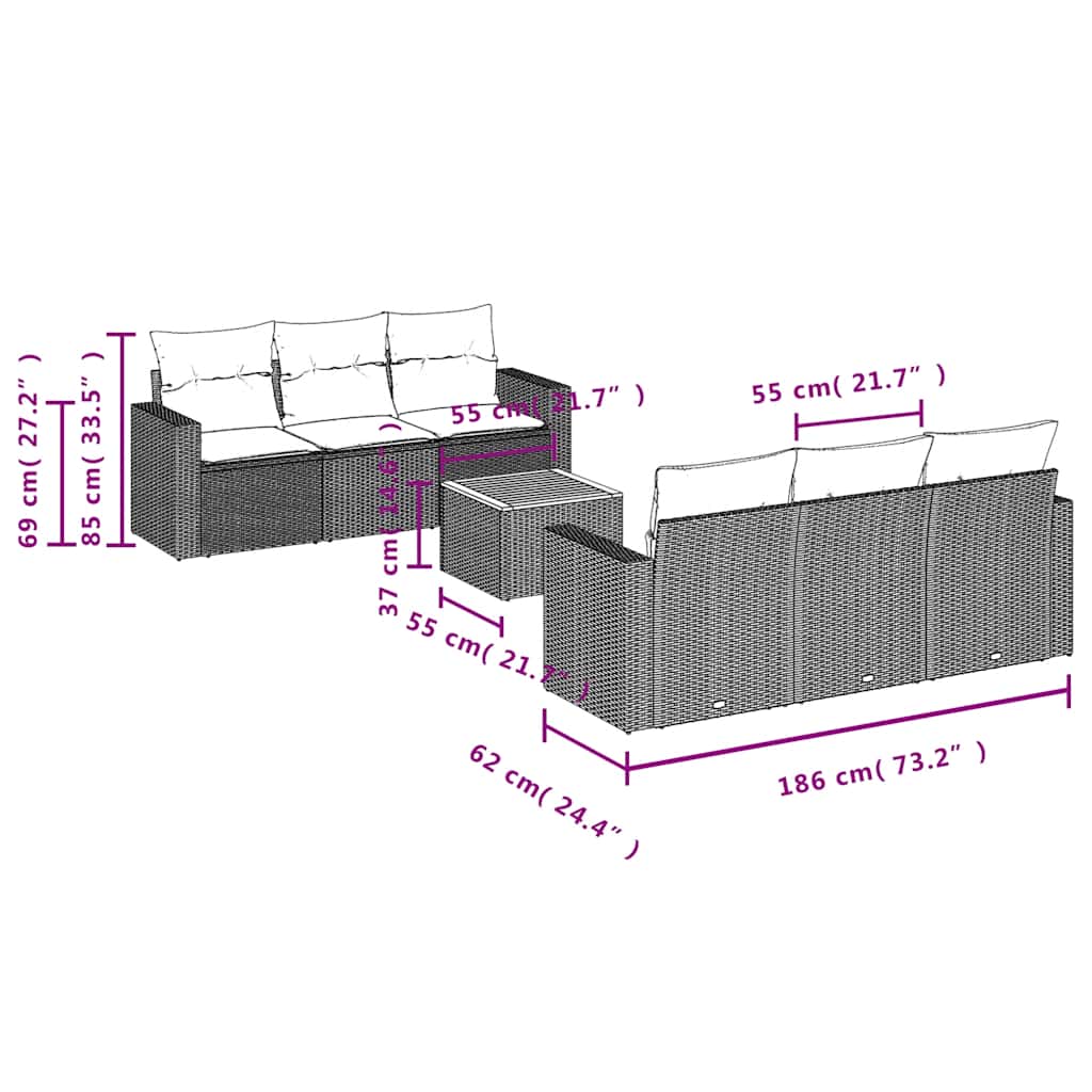 7-dijelni set vrtnih sofa od poliratana s jastucima crni Crna 66 x 62 x 69 cm