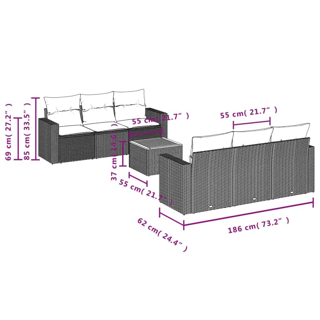 7-dijelni set vrtnih sofa od poliratana s jastucima bež 66 x 62 x 69 cm