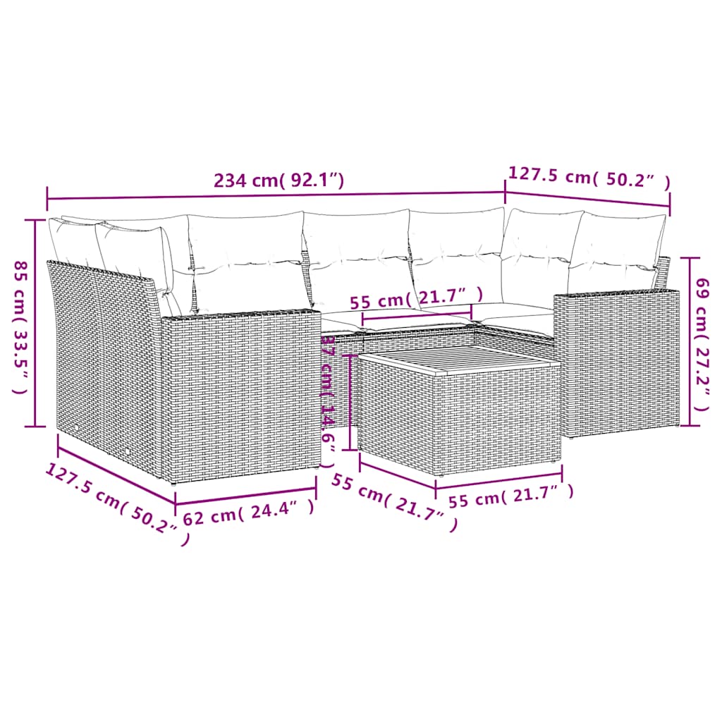 7-dijelni set vrtnih sofa od poliratana s jastucima crni Crna 65.5 x 62 x 69 cm