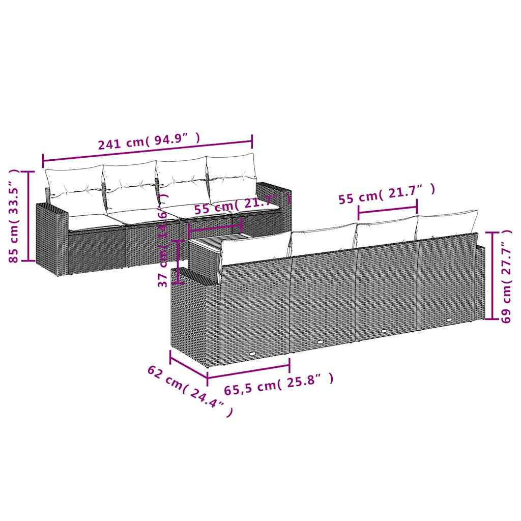 9-dijelni set vrtnih sofa s jastucima crni od poliratana Crna 66 x 62 x 69 cm