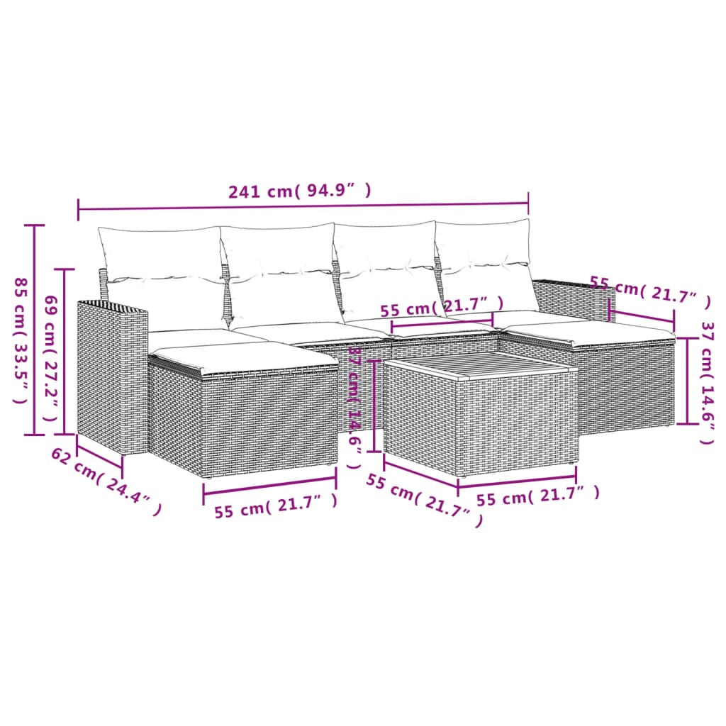 7-dijelni set vrtnih sofa od poliratana s jastucima bež 66 x 62 x 69 cm