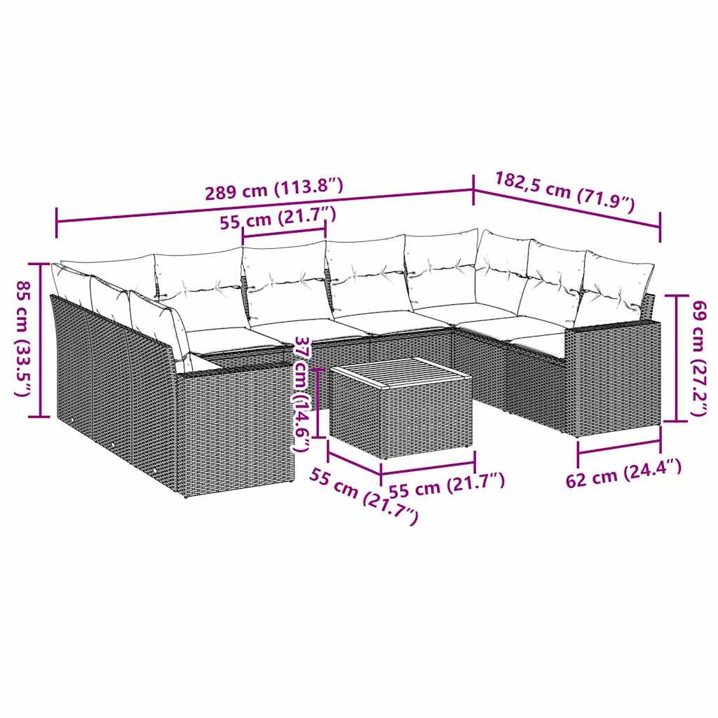 10-dijelni set vrtnih sofa s jastucima crni od poliratana Crna