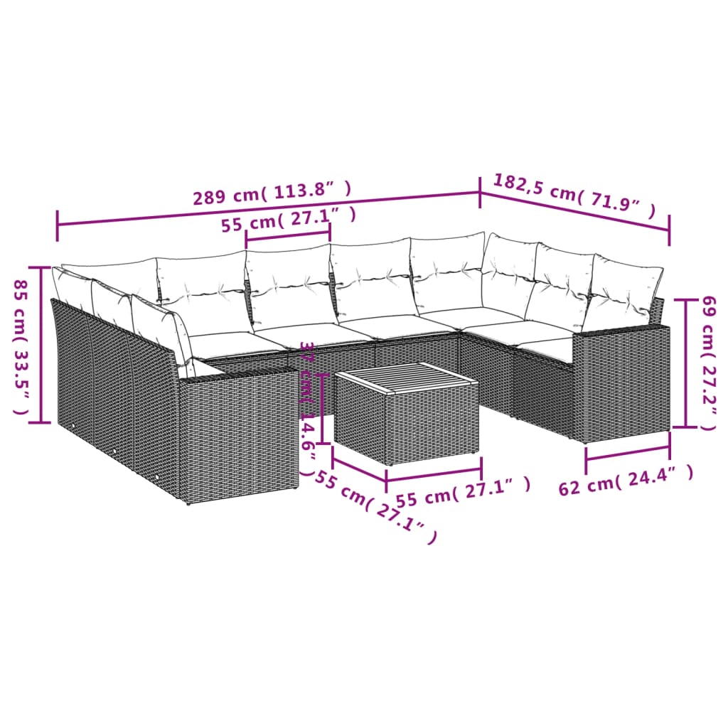 10-dijelni set vrtnih sofa s jastucima bež od poliratana 66 x 62 x 69 cm