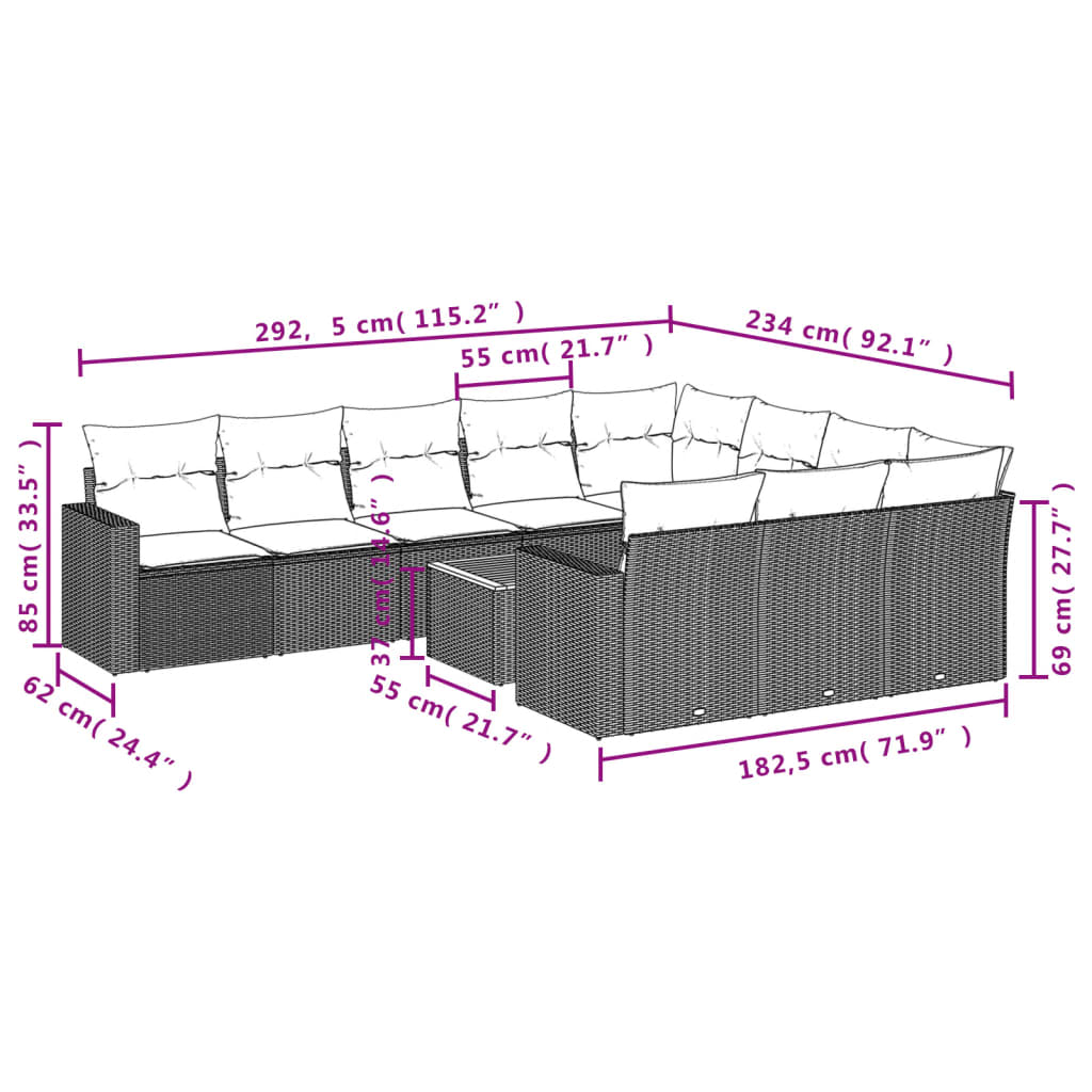 11-dijelni set vrtnih sofa od poliratana s jastucima crni Crna 66 x 62 x 69 cm