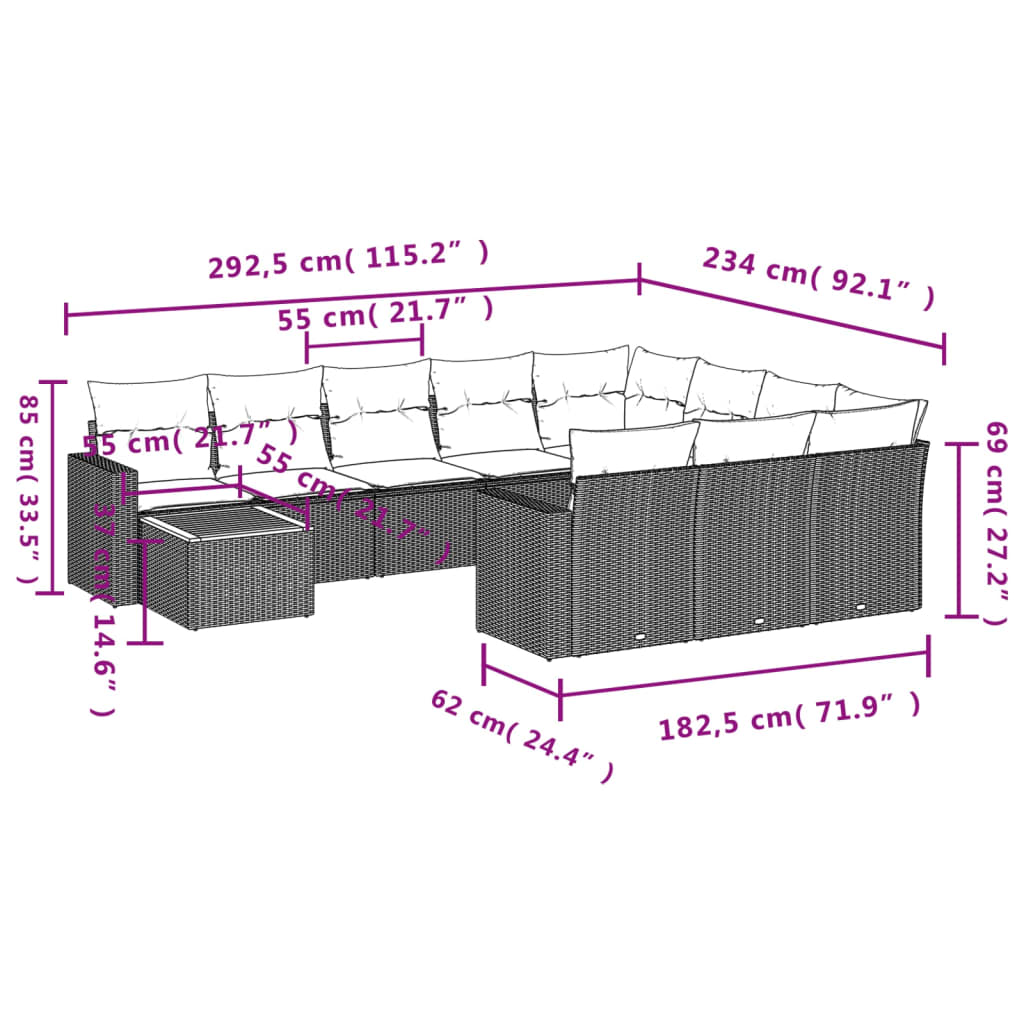 11-dijelni set vrtnih sofa od poliratana s jastucima crni Crna 66 x 62 x 69 cm