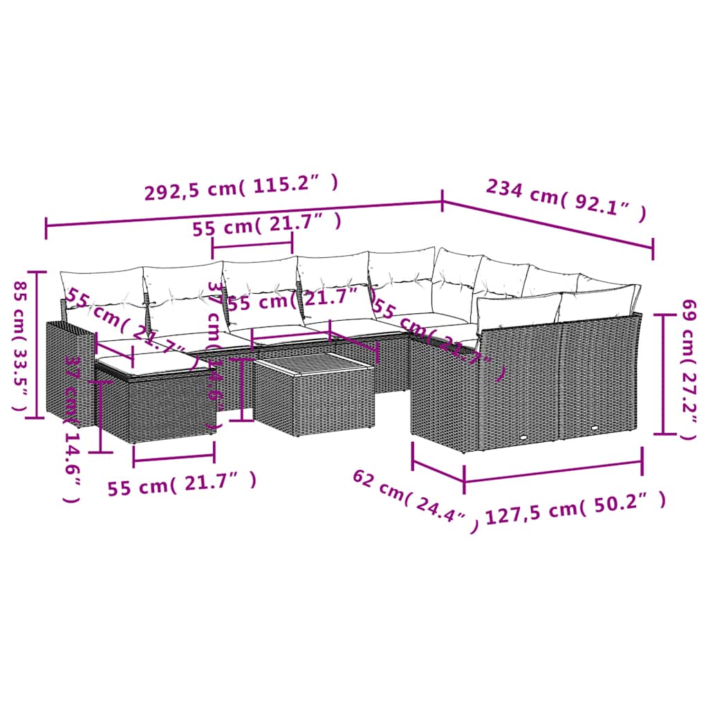 11-dijelni set vrtnih sofa od poliratana s jastucima crni Crna 66 x 62 x 69 cm