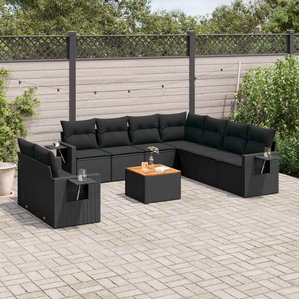 10-dijelni set vrtnih sofa s jastucima crni od poliratana Crna 65.5 x 62 x 69 cm