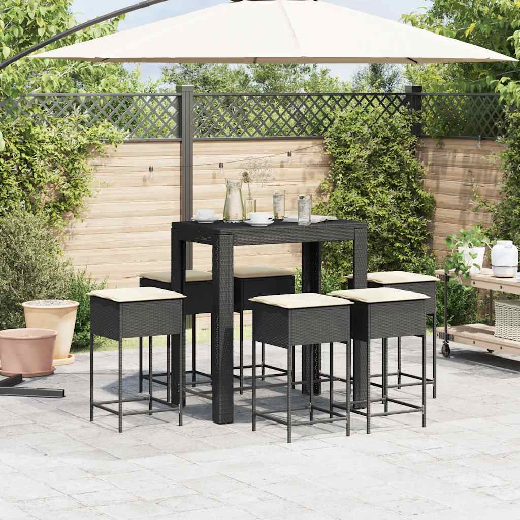 7-dijelni vrtni barski set od poliratana s jastucima crni Crna 100 x 60.5 x 110.5 cm