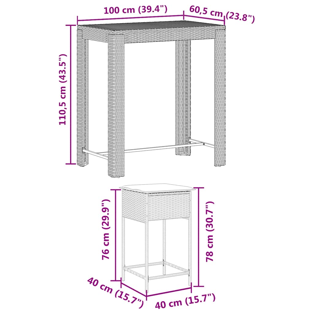 7-dijelni vrtni barski set od poliratana s jastucima crni Crna 100 x 60.5 x 110.5 cm