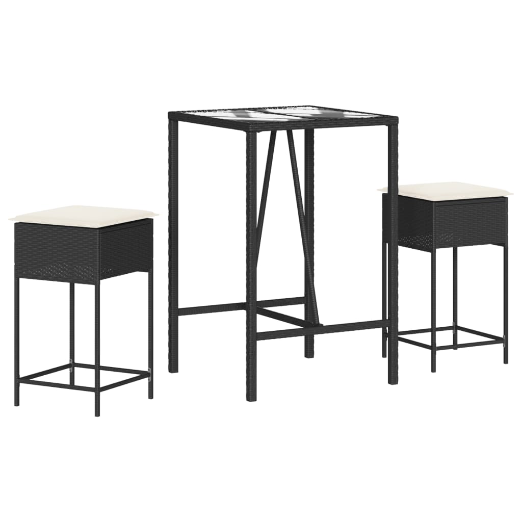 3-dijelni vrtni barski set od poliratana s jastucima crni Crna 70 x 70 x 110 cm