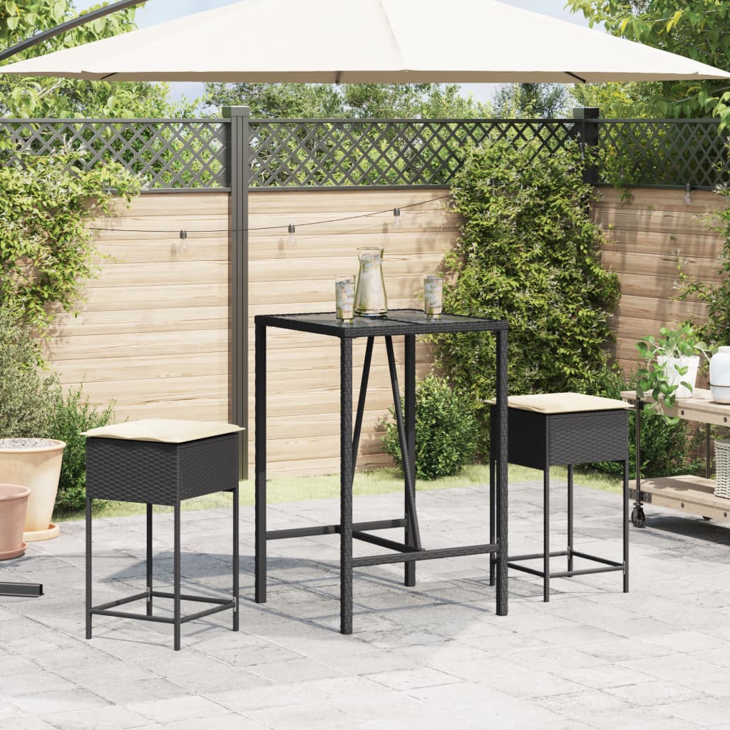 3-dijelni vrtni barski set od poliratana s jastucima crni Crna 70 x 70 x 110 cm