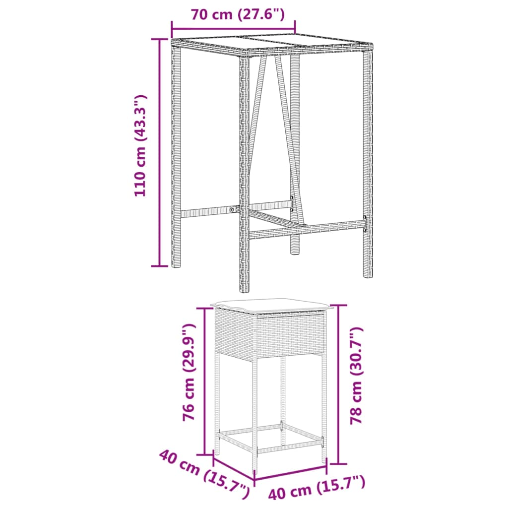 3-dijelni vrtni barski set od poliratana s jastucima crni Crna 70 x 70 x 110 cm