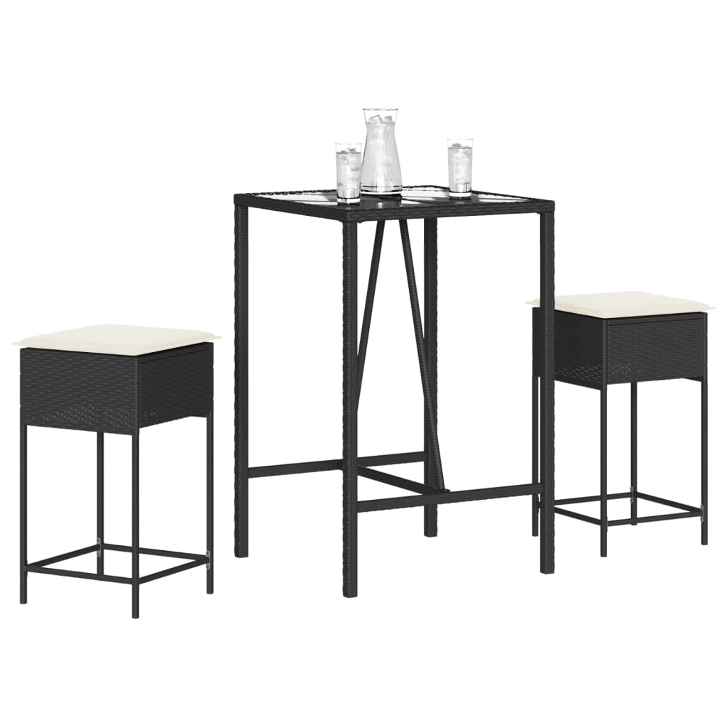 3-dijelni vrtni barski set od poliratana s jastucima crni Crna 70 x 70 x 110 cm