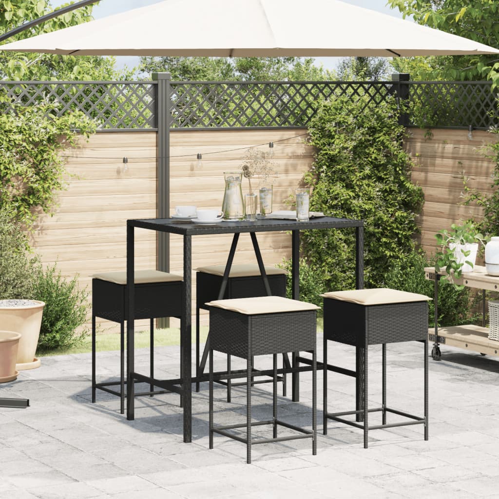 5-dijelni vrtni barski set od poliratana s jastucima crni Crna 110 x 70 x 110 cm