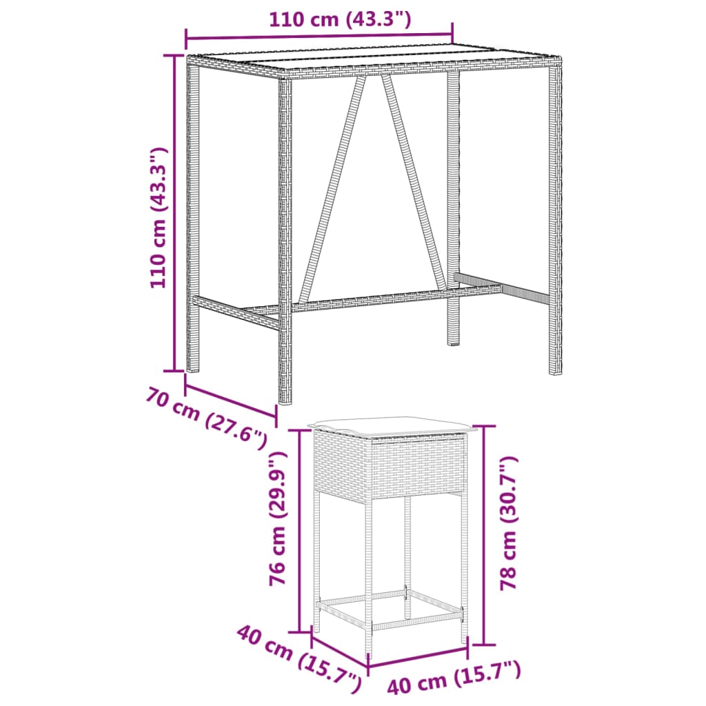 5-dijelni vrtni barski set od poliratana s jastucima crni Crna 110 x 70 x 110 cm