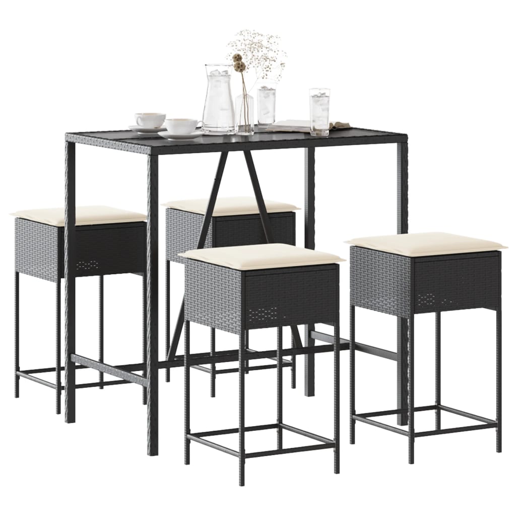 5-dijelni vrtni barski set od poliratana s jastucima crni Crna 110 x 70 x 110 cm