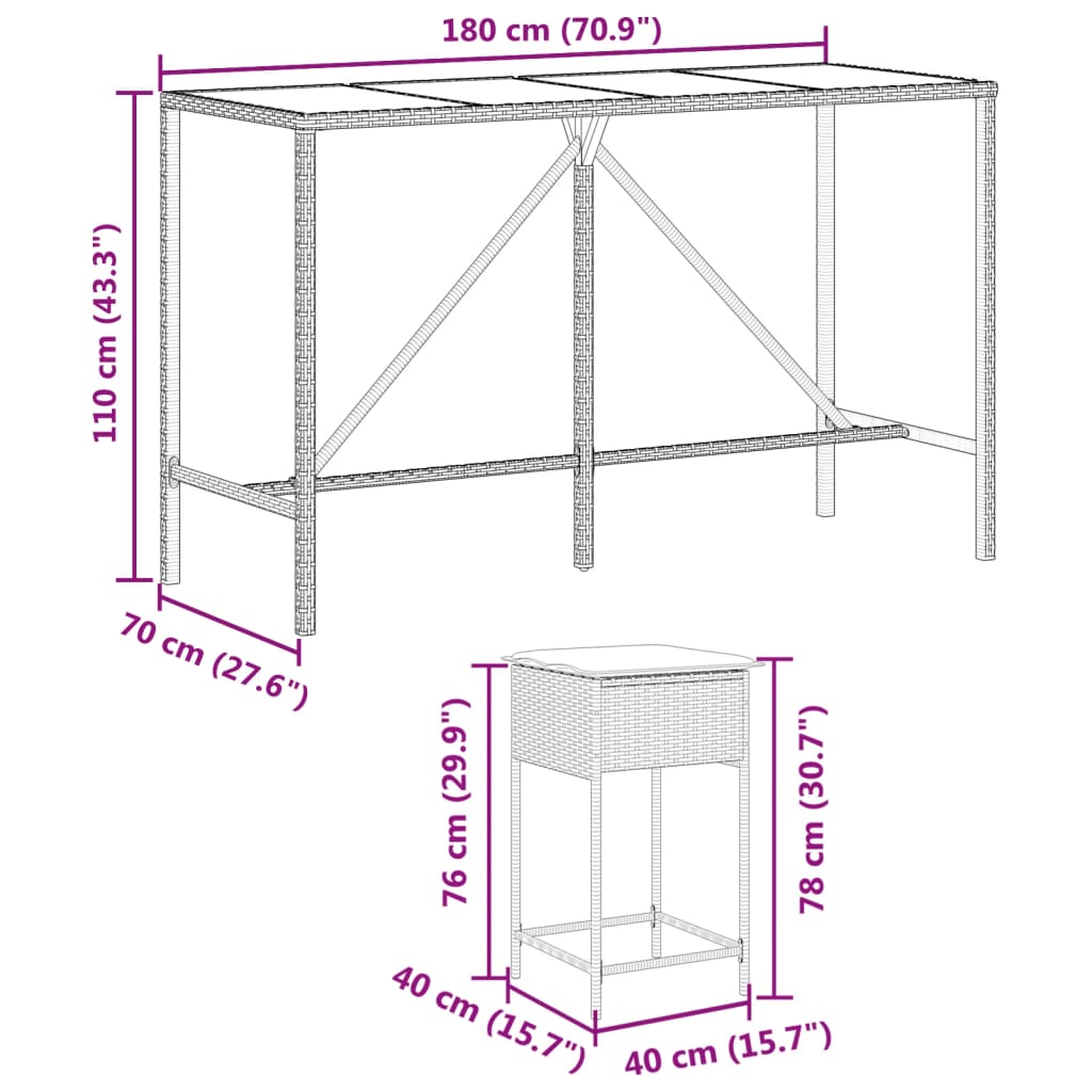7-dijelni vrtni barski set s jastucima smeđi od poliratana Smeđa 180 x 70 x 110 cm