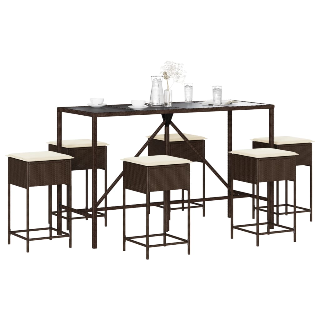 7-dijelni vrtni barski set s jastucima smeđi od poliratana Smeđa 180 x 70 x 110 cm