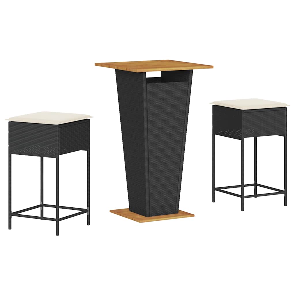 3-dijelni vrtni barski set od poliratana s jastucima crni Crna 60 x 60 x 110 cm
