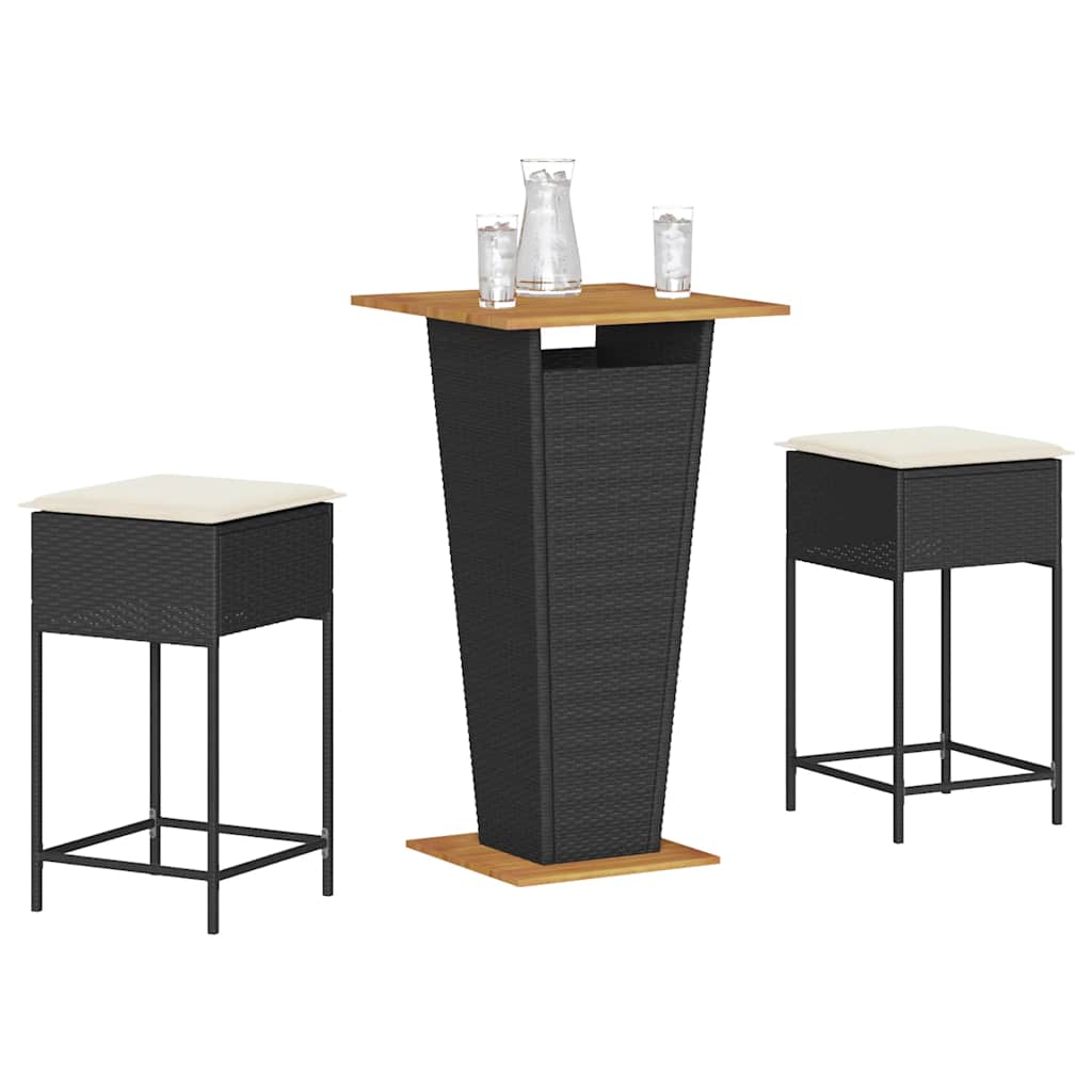3-dijelni vrtni barski set od poliratana s jastucima crni Crna 60 x 60 x 110 cm