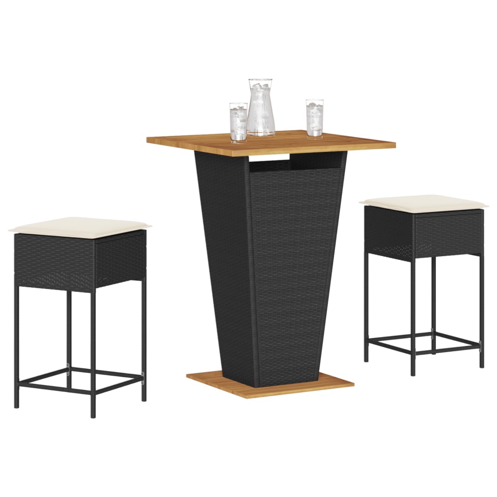 3-dijelni vrtni barski set od poliratana s jastucima crni Crna 80 x 80 x 110 cm