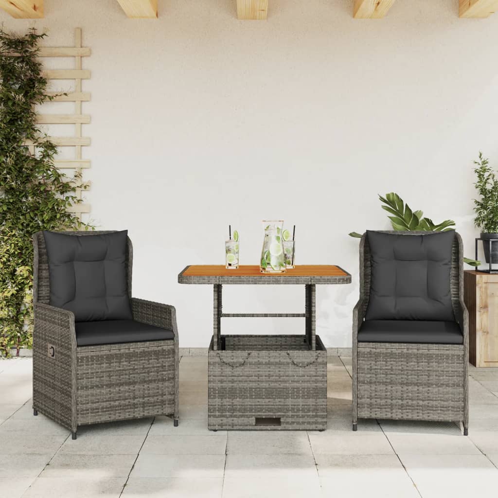 3-dijelni bistro set od poliratana s jastucima sivi