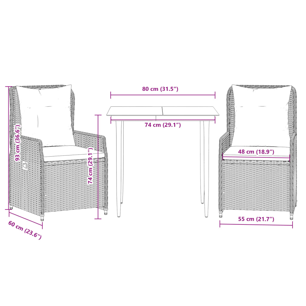 3-dijelni vrtni blagovaonski set s jastucima od poliratana crni Crna 80 x 80 x 74 cm