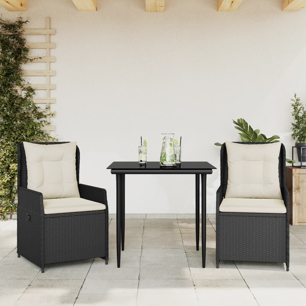 3-dijelni vrtni blagovaonski set s jastucima od poliratana crni Crna 80 x 80 x 74 cm