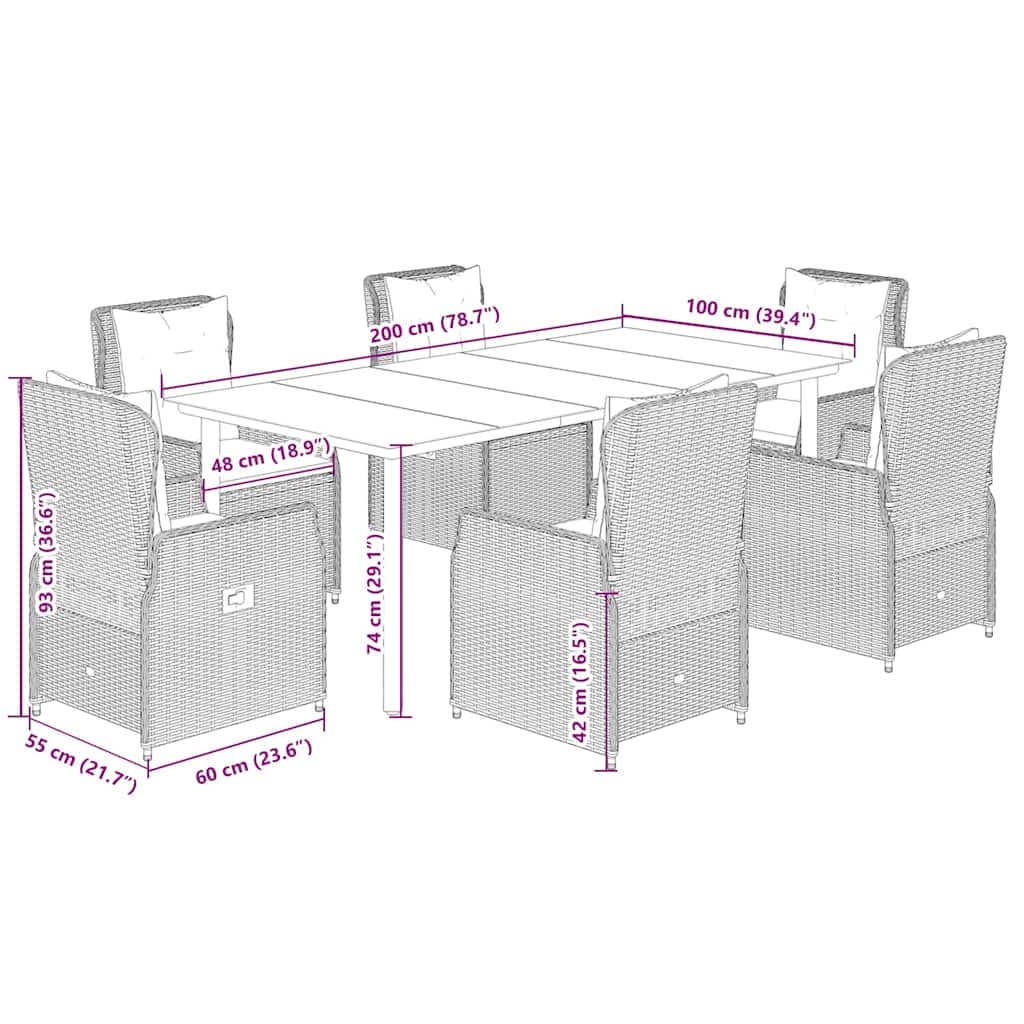 7-dijelni vrtni blagovaonski set s jastucima crni od poliratana Crna 200 x 100 x 74 cm