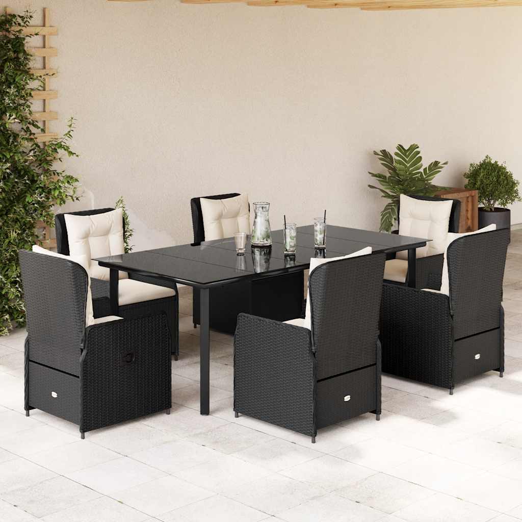 7-dijelni vrtni blagovaonski set s jastucima crni od poliratana Crna 200 x 100 x 74 cm