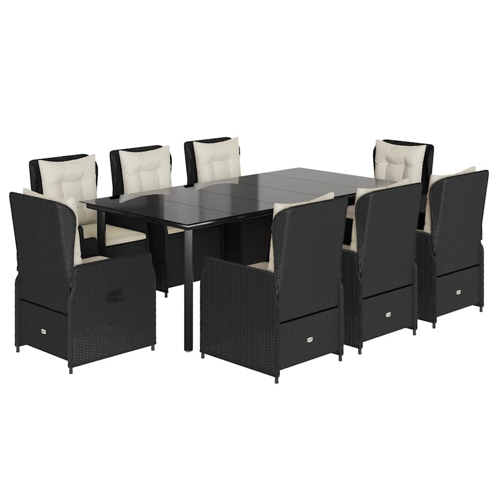 9-dijelni vrtni blagovaonski set s jastucima crni od poliratana Crna 200 x 100 x 74 cm