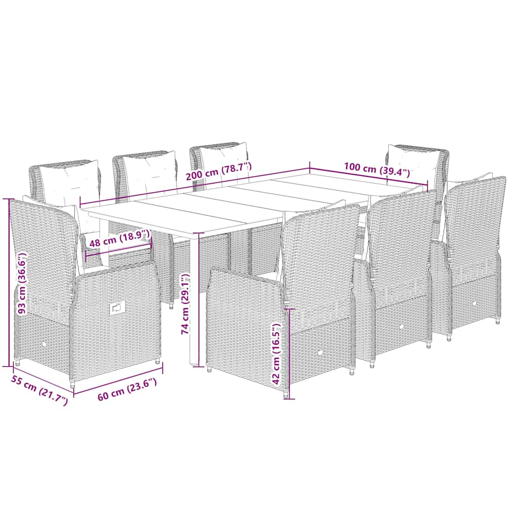 9-dijelni vrtni blagovaonski set s jastucima crni od poliratana Crna 200 x 100 x 74 cm