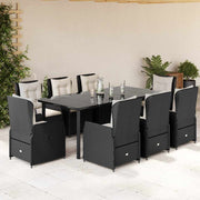 9-dijelni vrtni blagovaonski set s jastucima crni od poliratana Crna 200 x 100 x 74 cm