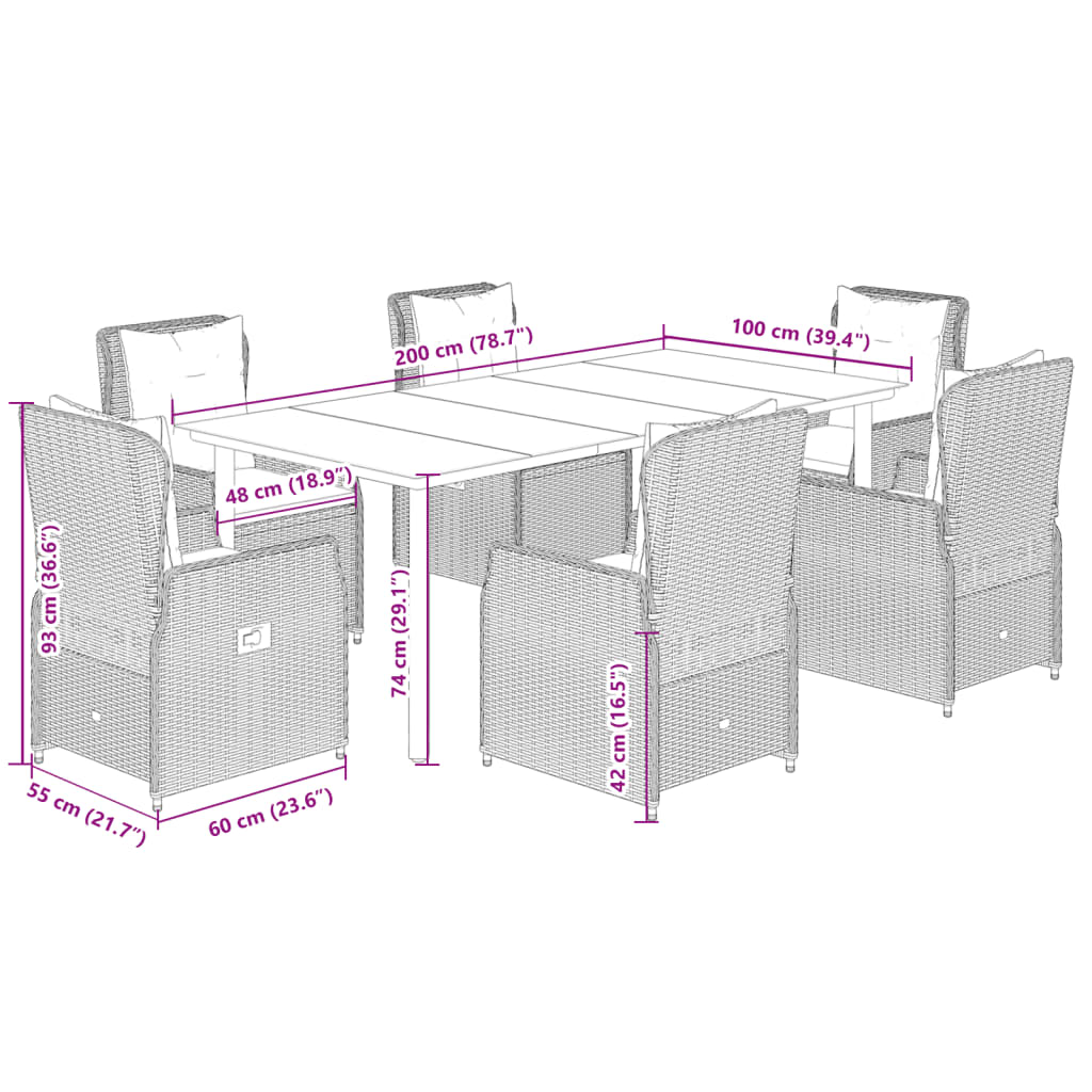 7-dijelni vrtni blagovaonski set od poliratana s jastucima bež 200 x 100 x 74 cm