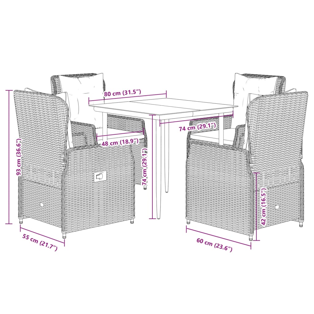 5-dijelni vrtni blagovaonski set od poliratana s jastucima sivi Siva 80 x 80 x 74 cm