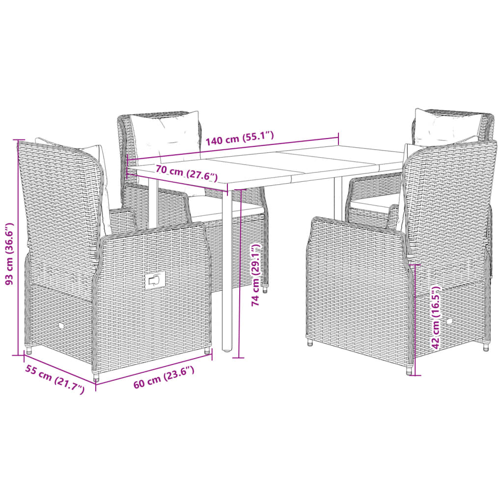 5-dijelni vrtni blagovaonski set od poliratana s jastucima sivi Siva 140 x 70 x 74 cm