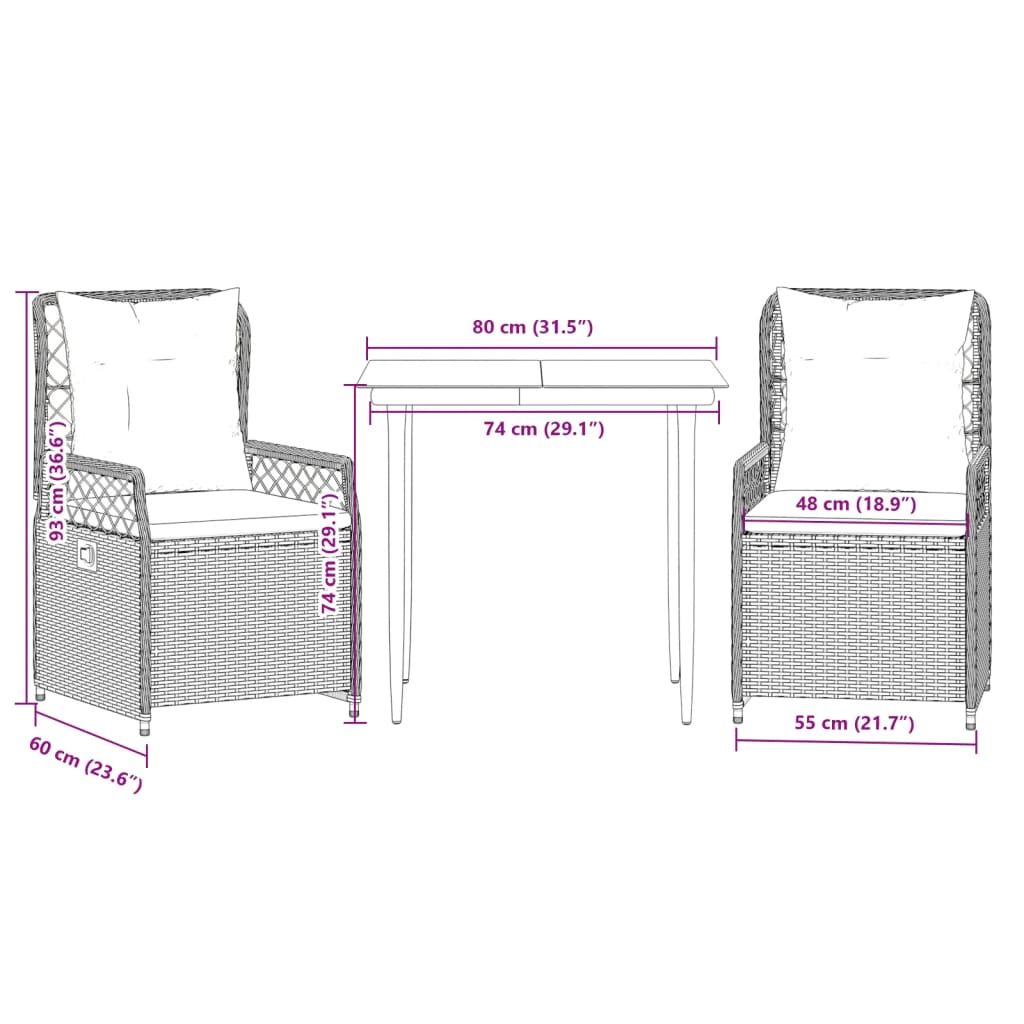 3-dijelni vrtni blagovaonski set od poliratana s jastucima bež 80 x 80 x 74 cm