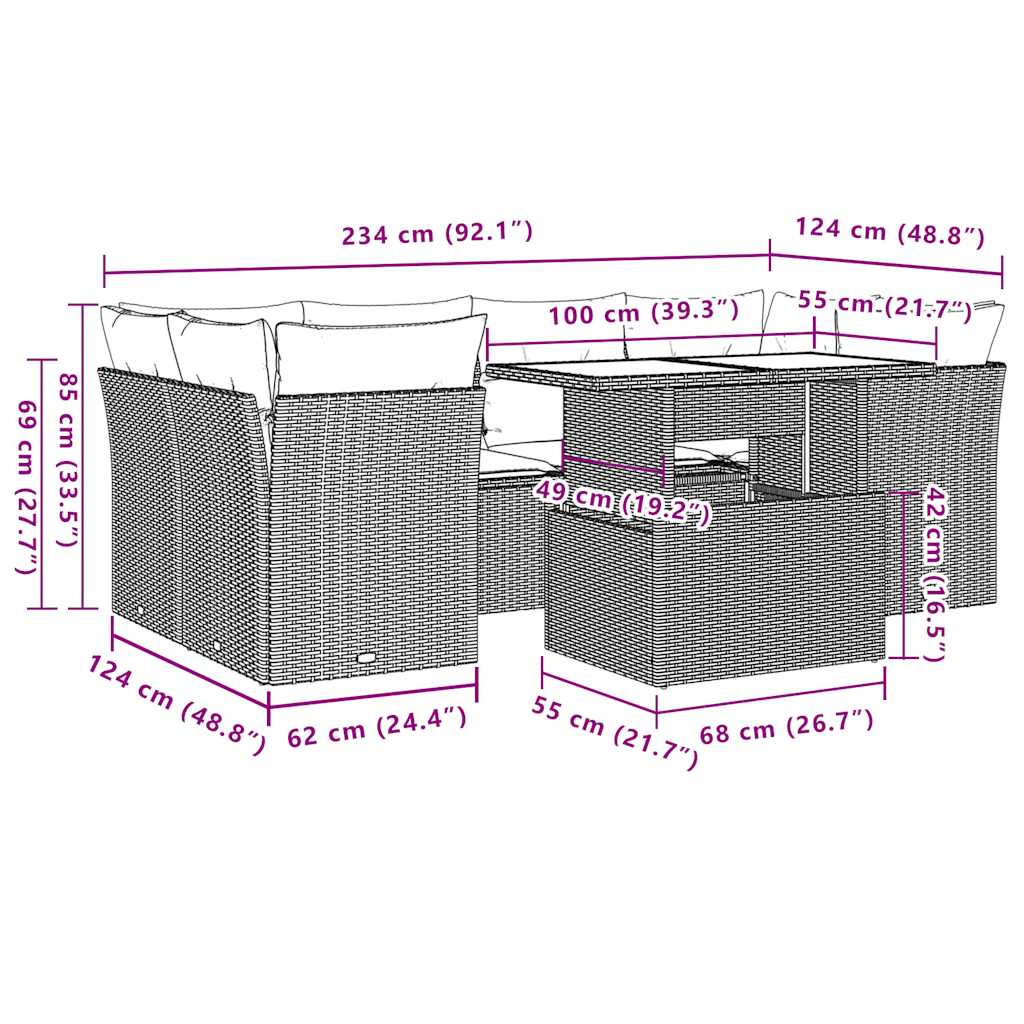 7-dijelni set vrtnih sofa od poliratana s jastucima crni Crna 100 x 55 x 73 cm