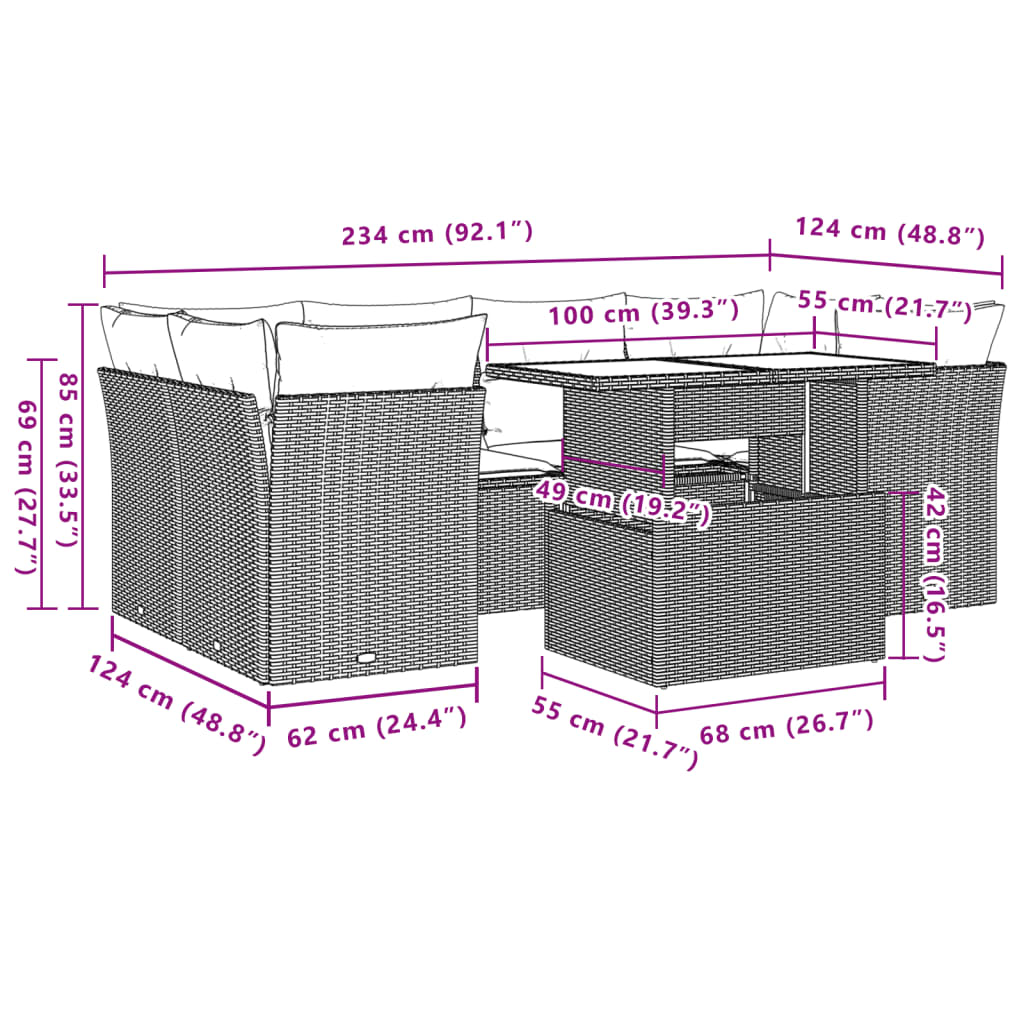 7-dijelni set vrtnih sofa od poliratana s jastucima crni Crna 100 x 55 x 73 cm