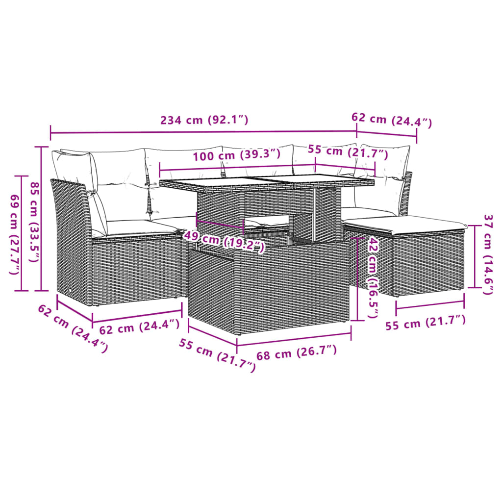 6-dijelni set vrtnih sofa s jastucima crni od poliratana Crna 100 x 55 x 73 cm