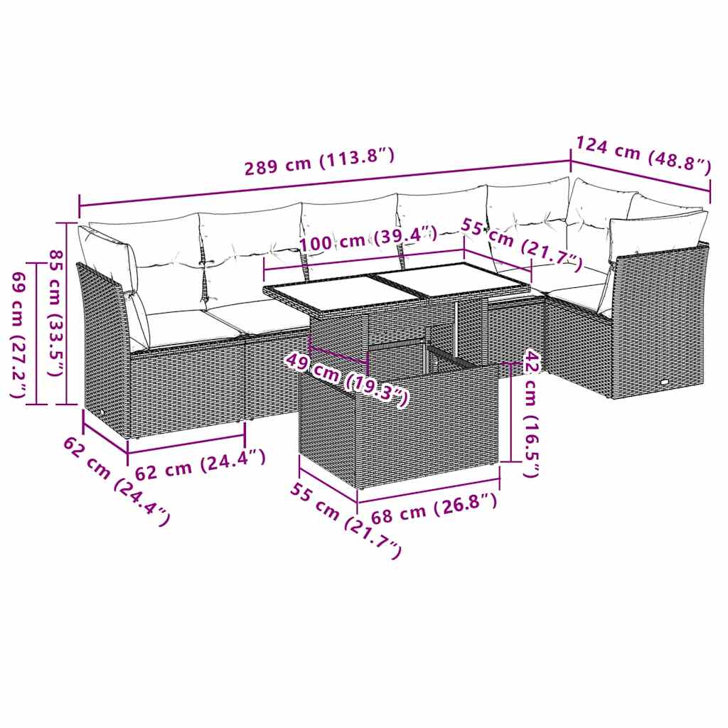 7-dijelni set vrtnih sofa od poliratana s jastucima crni Crna 100 x 55 x 73 cm
