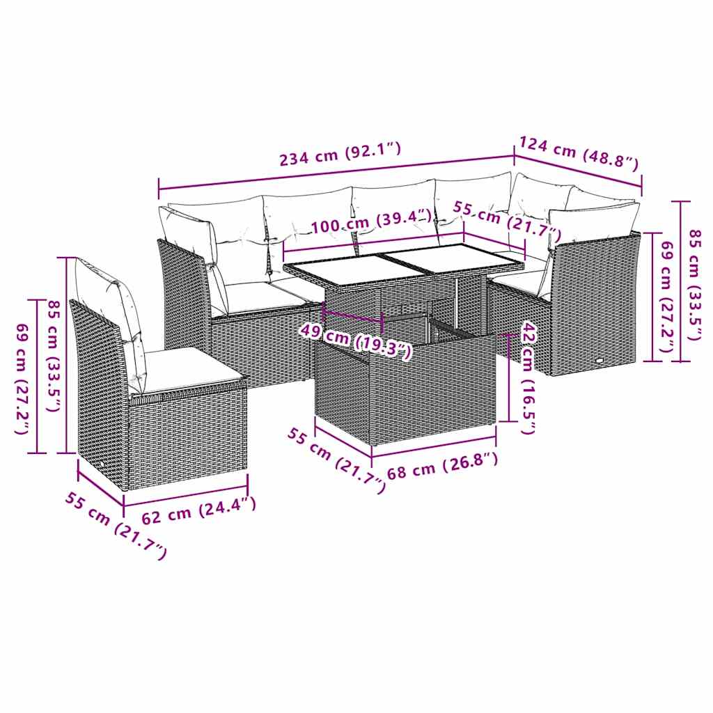 7-dijelni set vrtnih sofa od poliratana s jastucima crni Crna 100 x 55 x 73 cm