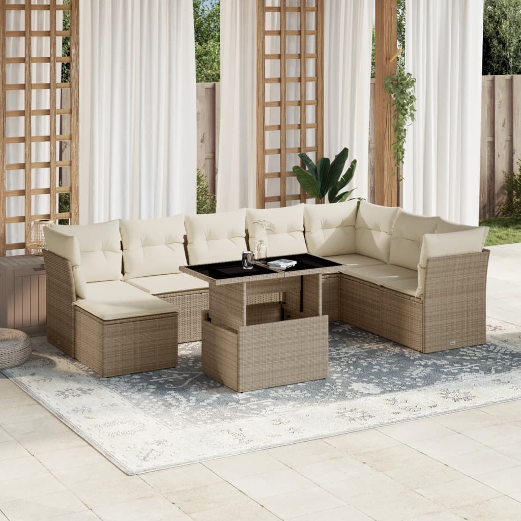 9-dijelni set vrtnih sofa s jastucima bež od poliratana 100 x 55 x 73 cm