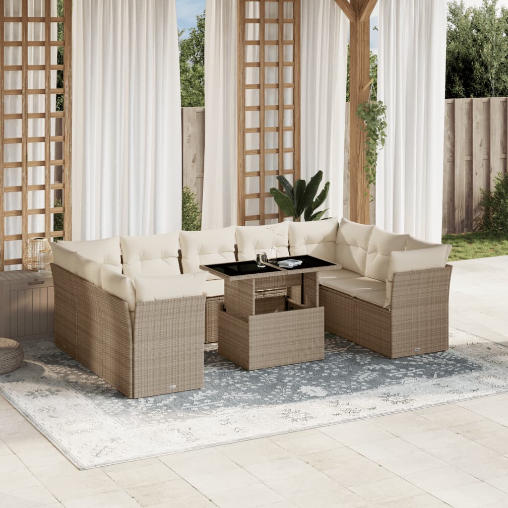 10-dijelni set vrtnih sofa s jastucima bež od poliratana 100 x 55 x 73 cm