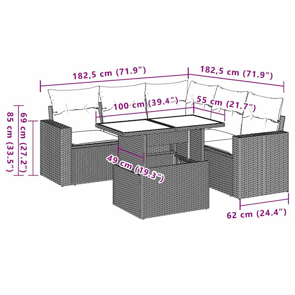 6-dijelni set vrtnih sofa s jastucima crni od poliratana Crna 100 x 55 x 73 cm