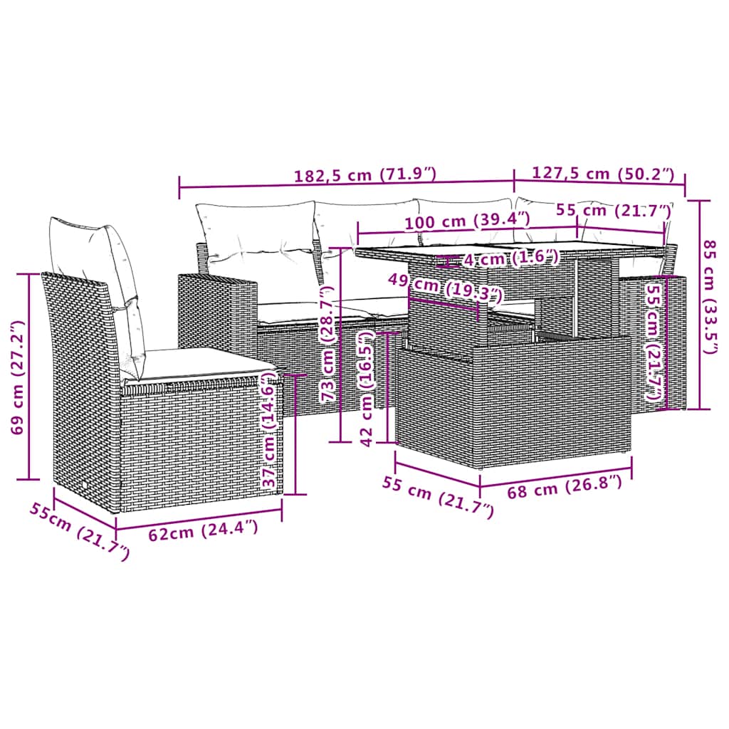 6-dijelni set vrtnih sofa s jastucima crni od poliratana Crna 100 x 55 x 73 cm