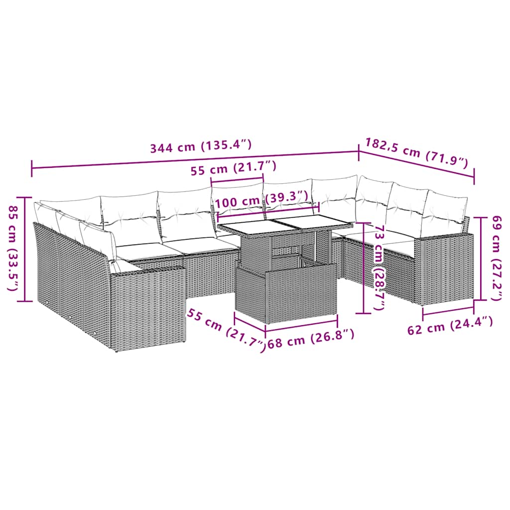 11-dijelni vrtni set s jastucima smeđi poliratan