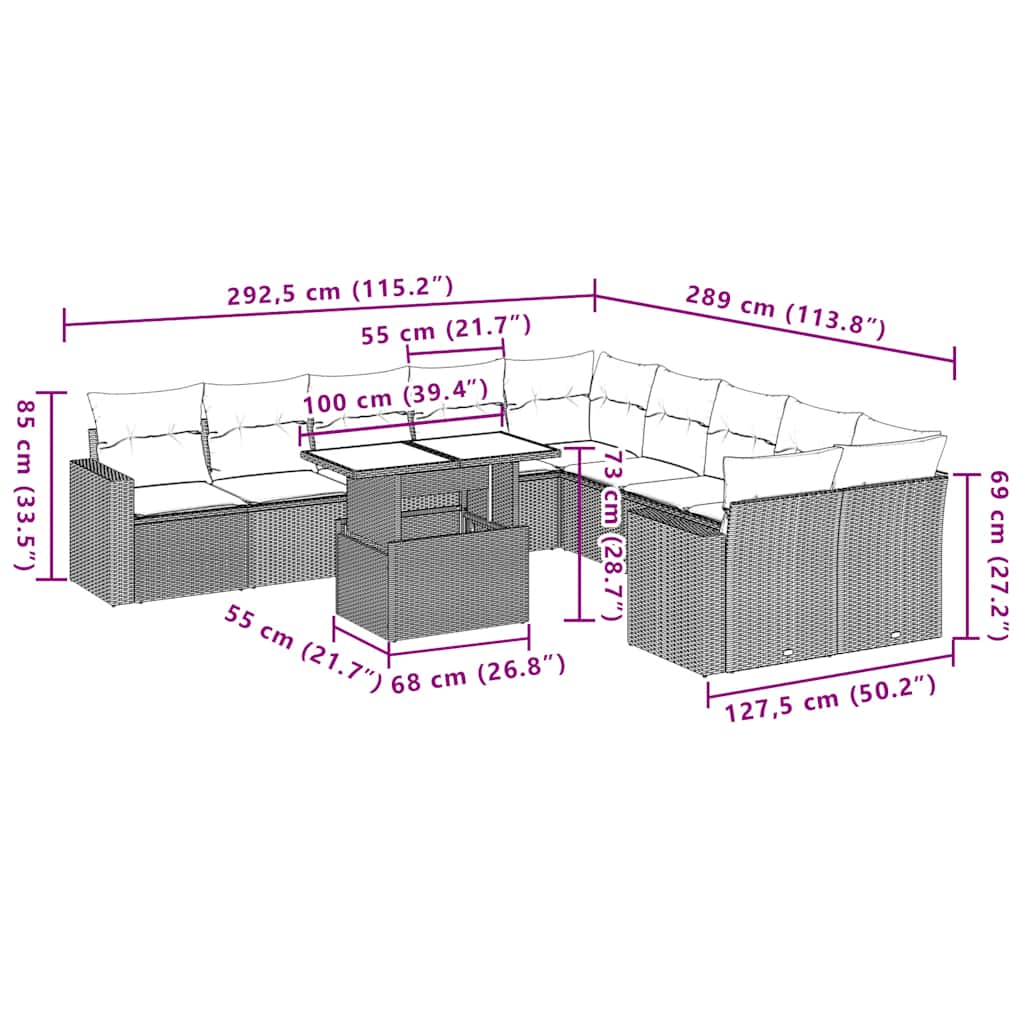 11-dijelni set vrtnih sofa od poliratana s jastucima crni Crna 100 x 55 x 73 cm