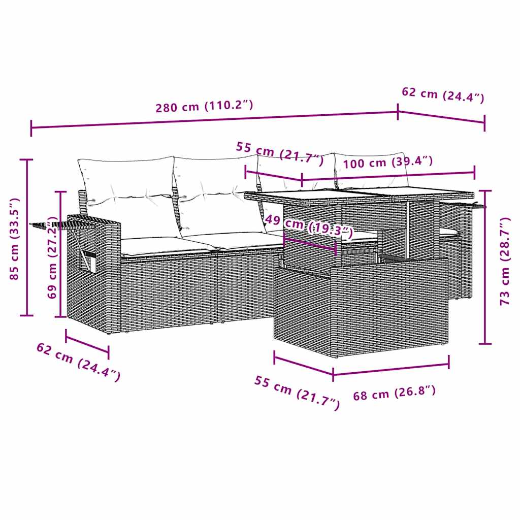 5-dijelna vrtna garnitura od poliratana s jastucima crna 100 x 55 x 73 cm